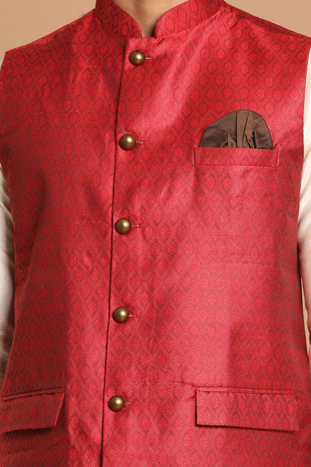 VASTRAMAY Maroon Woven Jacket With Cream Kurta and Pyjama Baap Beta Set